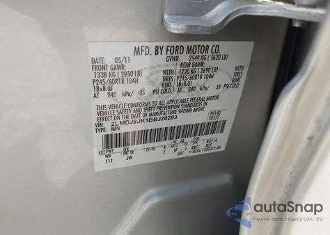 2011 Lincoln Mkx z USA, uszkodzony, nr VIN 2LMDJ8JK1BBJ28293